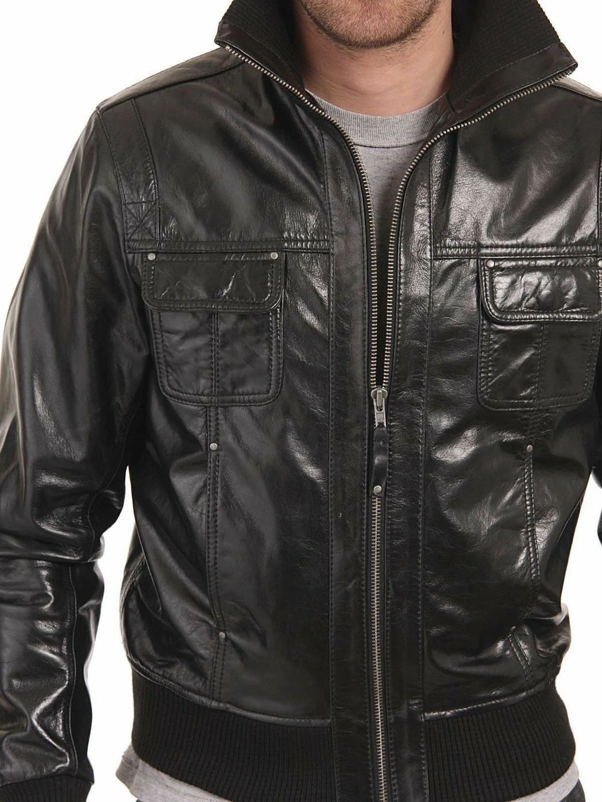 Men's Stylish Café Racer Real Lambskin Leather Black Motorcycle Biker Jacket New