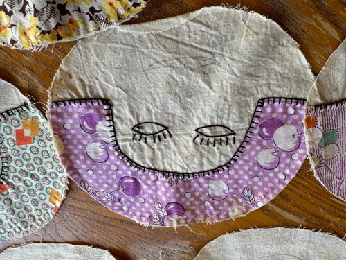 9 Pieced Quilt Square Faces, Ladies, Cotton Feedsack Fabric Hair, Handmade - Picture 4 of 6