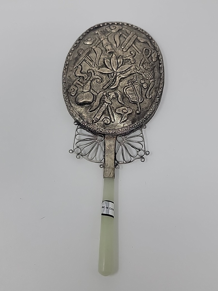 Vintage Silverplated Chinese Hand Mirror Green Jade Handle
