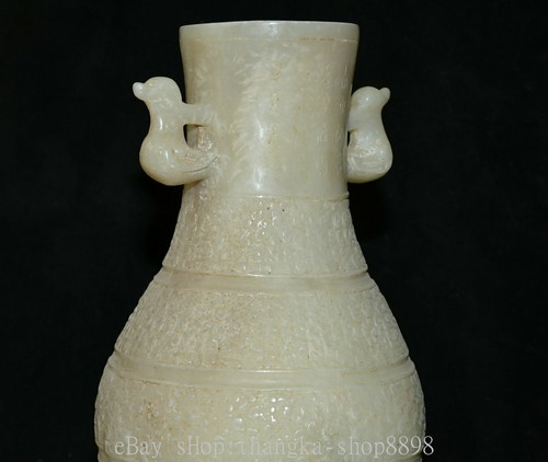 Ancien offres vase bouteille vin texte oreille oiseau dynastie sculpture jade blanc chinois Han 12