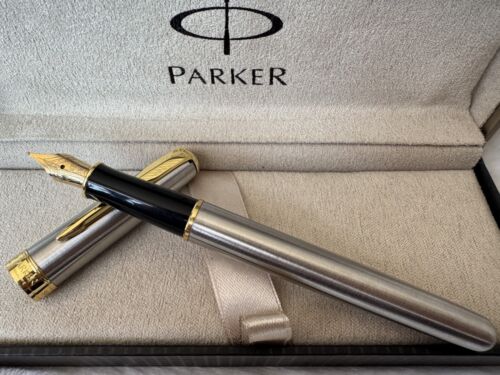 Excellent Parker Sonnet Fountain Pen Steel Color-Gold 18K Gold Fine Nib With Box - Picture 3 of 4