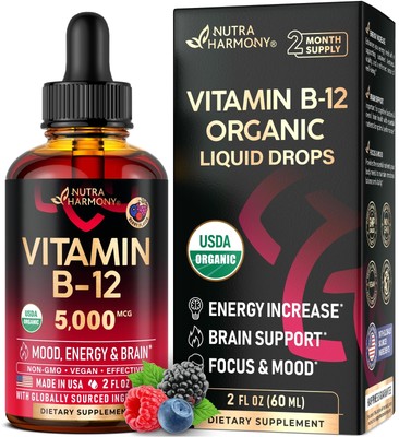 USDA Organic Vitamin B12 Sublingual Drops - 5000 mcg Liquid Vegan Methylcobal...