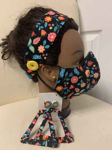 Cherry Pattern Head Band With Botton with Face Mask Combo With Matching Earrings - Picture 3 of 6