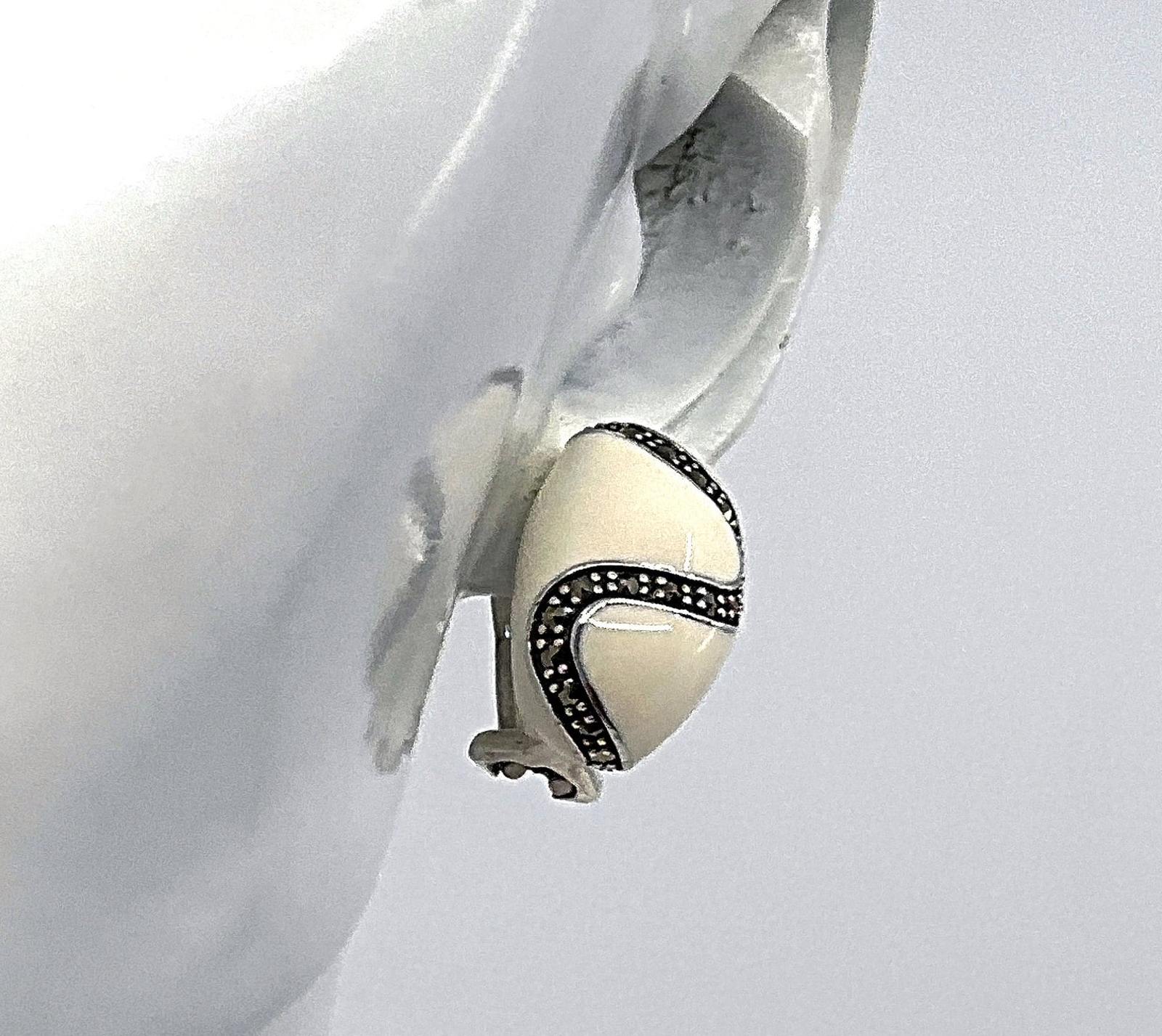 Stud Earrings 925 Hallmarked Sterling Silver Set With White Enamel And Marcasite-image