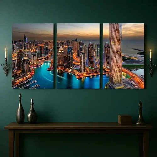 3pcs Dubai Marina Night Skyscrapers & Waterfront Wall Art Canvas Framed 50x70cm - Picture 2 of 3