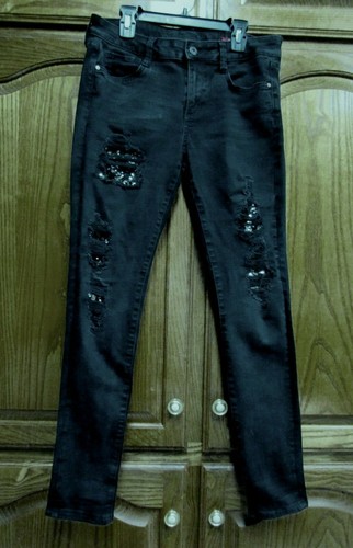 ARIZONA JRS SZ 9 X 28" FADED BLK SEQUINED RIPPED SUPER SKINNY STRETCH JEANS EUC - Picture 2 of 9