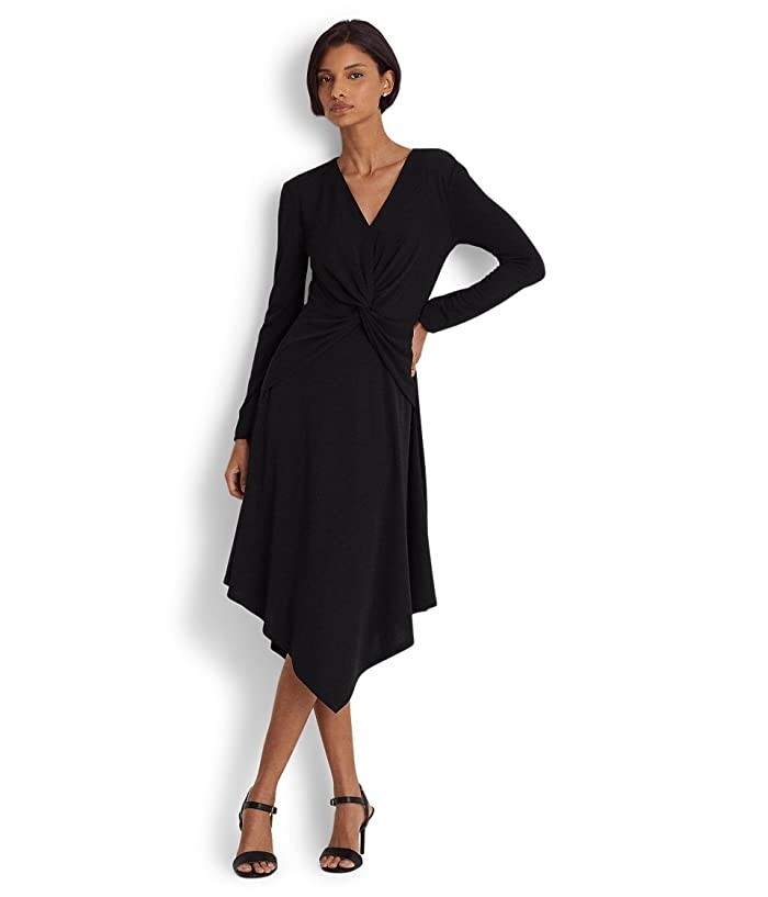 NEW LAUREN RALPH LAUREN BLACK JERSEY FIT AND FLATE MIDI DRESS SIZE 16 $145