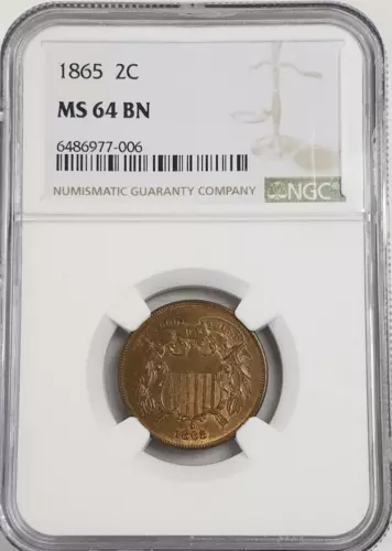 1865 2 cent Piece | NGC MS 64 BN | Copper 2 cent Coin, Two Cent | Philadelphia