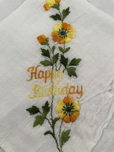 Vintage Hankie Embroidered Handkerchief Yellow Flowers Happy Birthday 10in - Picture 5 of 5
