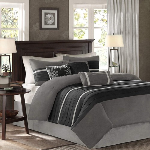 Madison Park - Palmer 7 Piece Comforter Set - Black and Gray - Queen - Picture 1 of 11