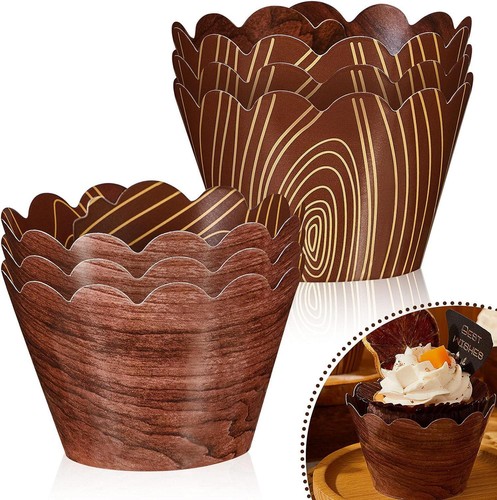 60 Pieces Wood Grain Cupcake Wrappers For Woodland Animal Baby Shower Cup Cake