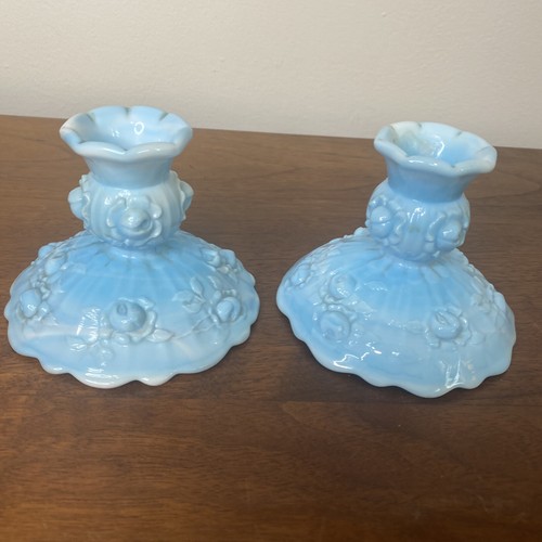 Fenton Cabbage Rose Blau Marmor Schlacke Glas Kerzenständer Halter Set 2 - Bild 1 von 12