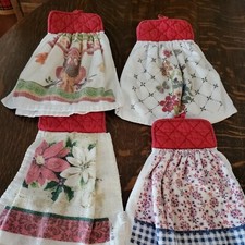 4- Handmade Hanging Kitchen Dish Towel with Red Pot Holder Tops Reversible