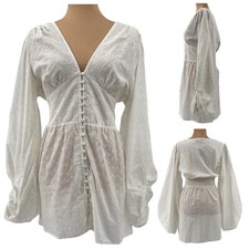 Nasty Gal Broderie Eyelet Button Mini Dress Balloon Sleeve V-Neck White 8 $70
