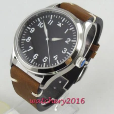 42mm Corgeut Miyota 8215 Automatic Mens Watch Black Dial Sapphire Glass Leather