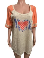 LA Threads Coral Grey Heart American Flag T-shirt V-n Top Colorblock 2X Casual