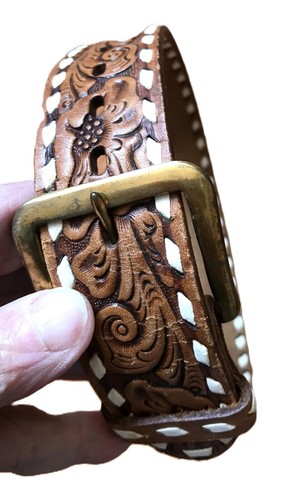 Little Kids Size 20 Western Genuine Leather Tooled Rodeo Tulip Brown Belt Lacing - Picture 8 of 15