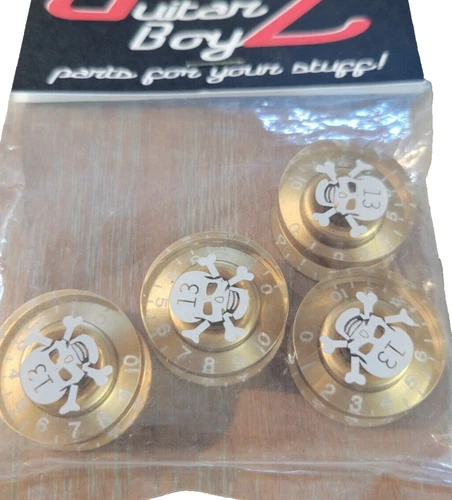 Gibson Style Speed Knobs Gold with White Skull and Bones and White Numerals