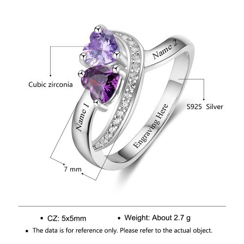 Personalized Mother's 2 Dancing Heart Birthstones 2 Engraved Names Custom Ring - Picture 2 of 8