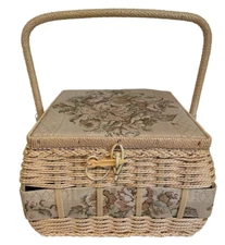 Vintage Azar Tapestry Fabric Woven Sewing Basket Floral 10 x 10 Inches Thailand