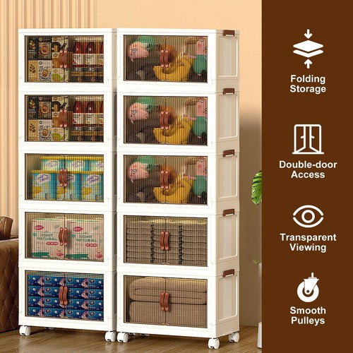 5 Pack Collapsible Storage Bins Wheels Cart Stackable Organizer Box Cabinet New- - Picture 9 of 12