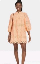 Universal Thread Peach Eyelet Lace Shift Dress Mock Neck Balloon Sleeve S