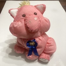 Vintage Fisher Price Pink Pig Puffalump Plush 1997 Barnyard Animal Blue Ribbon
