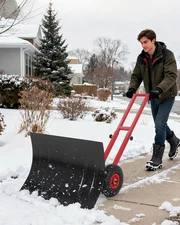 Heavy-Duty Snow Removal Shovel Steel Blade w/ Adjustable Push Angle Dual-Handle