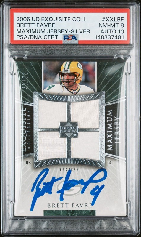 2006 Upper Deck Exquisite Maximum Jersey Game Used Brett Favre Auto /75 PSA 8-10