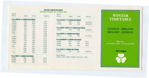 Irish Aer Lingus 1994 Pocket Time Table Ireland to and from London Heathrow