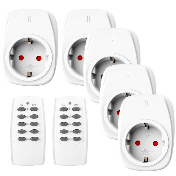 HBN Funksteckdosen Set 5Er Mit 2 Fernbedienungen, 16A 3680W FüR Innen, Weiß-image