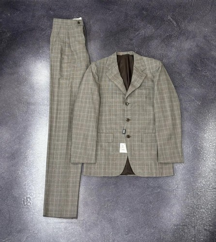 Sartoria Partenopea RRP $3295 nuovo con etichette Taupe Glen Plaid 120s tuta di lana non finita 46R