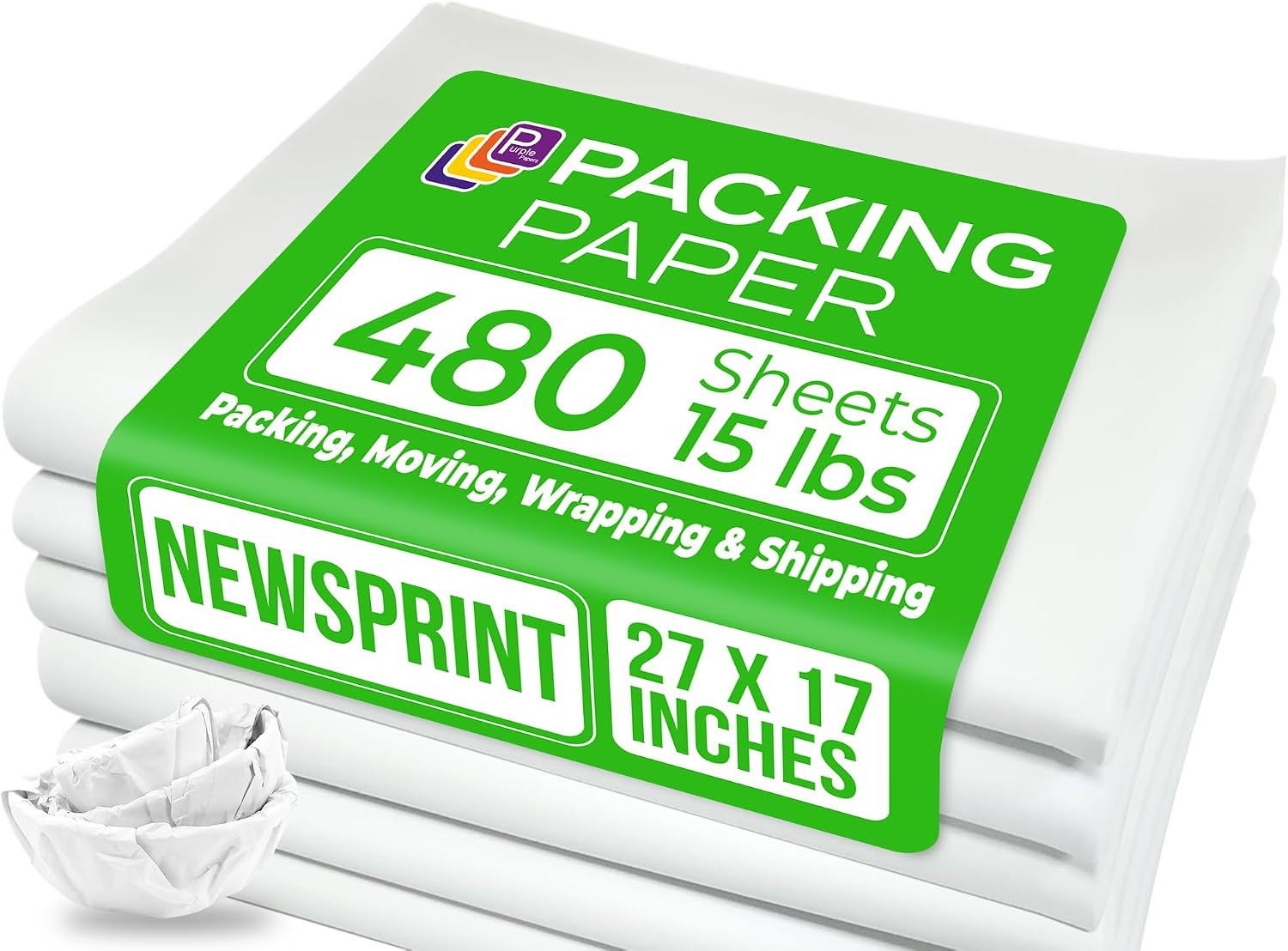 Purple Papers White Bulk Packing Paper | 480 sheets | 27" x 17" | 15 lb | Sheets