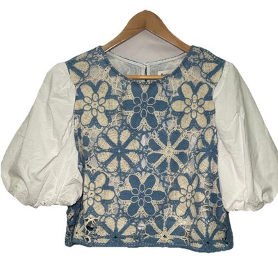&Merci Women s Cropped Blue/Cream Puff Sleeve Crocheted Blouse, Size Large Boho