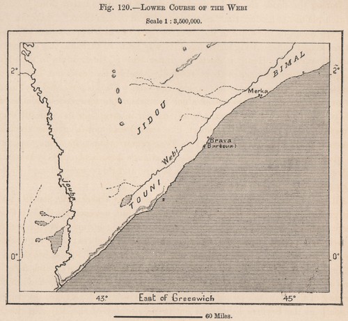 Lower Course of the Webi (Shebelle) river. Somalia 1885 old antique map chart