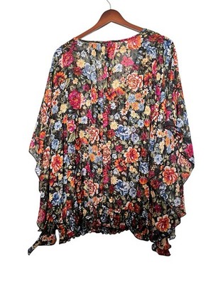  Cha Cha Vente 3X  Boho Floral Print Top Bat Wing Sleeves  Sheer Black