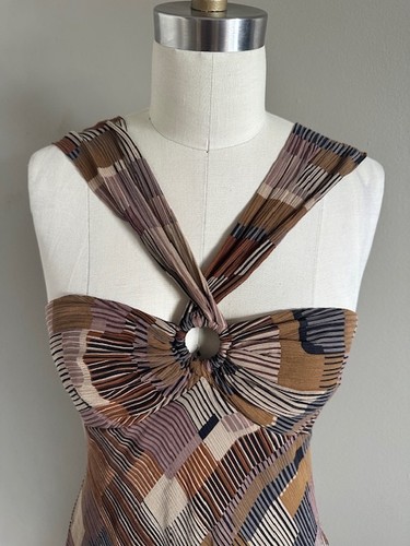 VTG Y2K Nine West 100% Silk Halter Dress Size 6 Brown Geometric Midi - Picture 2 of 6