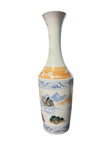 Large Chinese Vase Vintage 20th Century Mountain Scenes + Floral 23.5” Height - Picture 2 of 6
