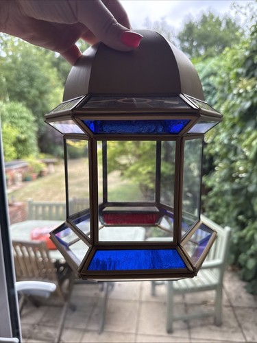 Beautiful Brass Stained Glass Red Blue Carriage Lantern Light Lamp Shade 11” - Picture 3 of 10
