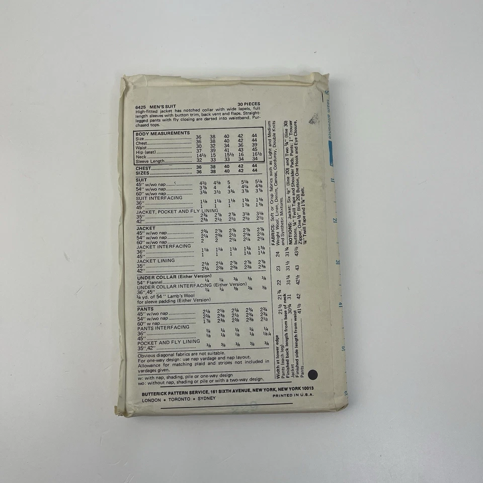 Butterick 6425 Мужская Leisure костюм куртка и брюки CH 42» VTG 70-х узор необрезанный - Изображение 2 из 2