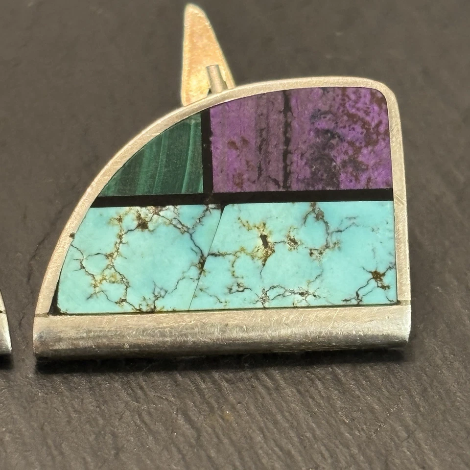 Jimmy Poyer Navajo Vintage Flush Inlay Cufflinks Sterling Silver Charoite B5 - Image 3 of 4