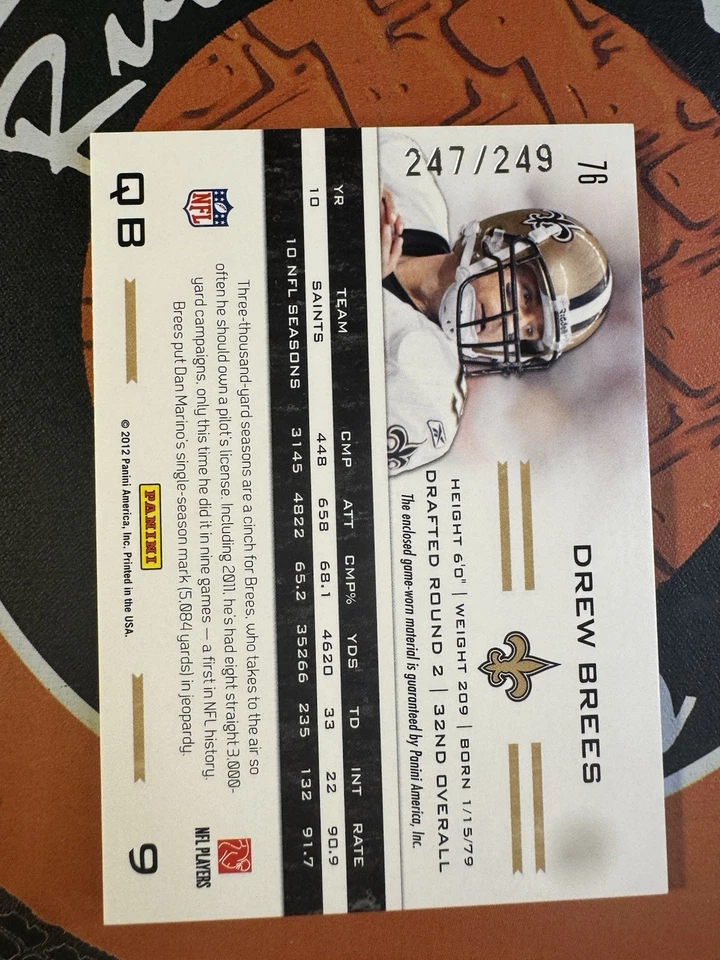 Drew Brees 2011 Panini Totally Certified Blue Game Worn Jersey Patch 178/249 - Image 2 of 2