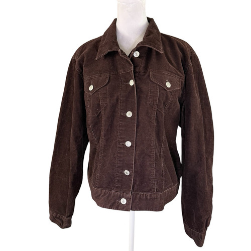 Lands' End Women's L 14-16 Brown Corduroy Jean Jacket Long Sleeve Cotton Blend