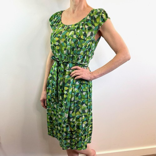 Anna Thomas Size 14 Aus (10 US) Green Print Cap Sleeve Midi Dress Aus Designer - Picture 7 of 24