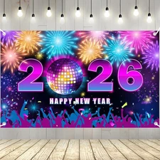 Large Happy New Year Disco Banner 72x44 2026 Colorful Fireworks New Year Bann...