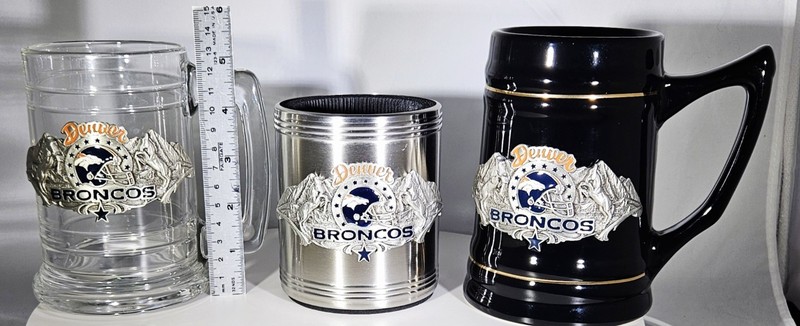 Set Of 3 - Vintage Denver Broncos Glass Beer Mugs w/ Pewter Emblem & Can Holder 