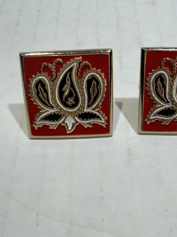 Gemelos Swank Vintage Rojo Dorado Negro Esmalte Paisley Diseño Lotus Foto 4 de 4