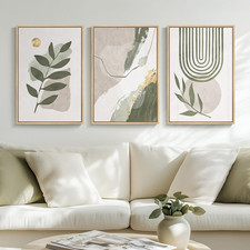 Boho Sage Green Abstract Wall Art Set - 3 Piece Canvas Decor 16x24 Inch