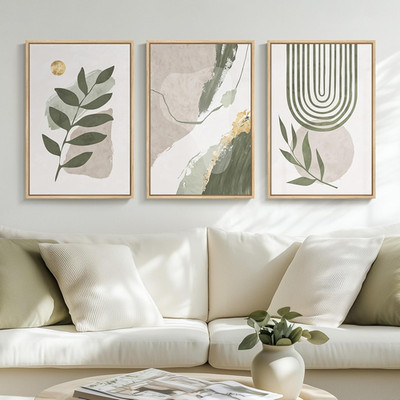 Boho Sage Green Abstract Wall Art Set - 3 Piece Canvas Decor 16x24 Inch