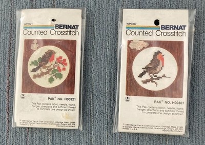ROBINS 2 Vintage Bernat Counted Cross Stitch Mini Kits with Frames #307 & 321